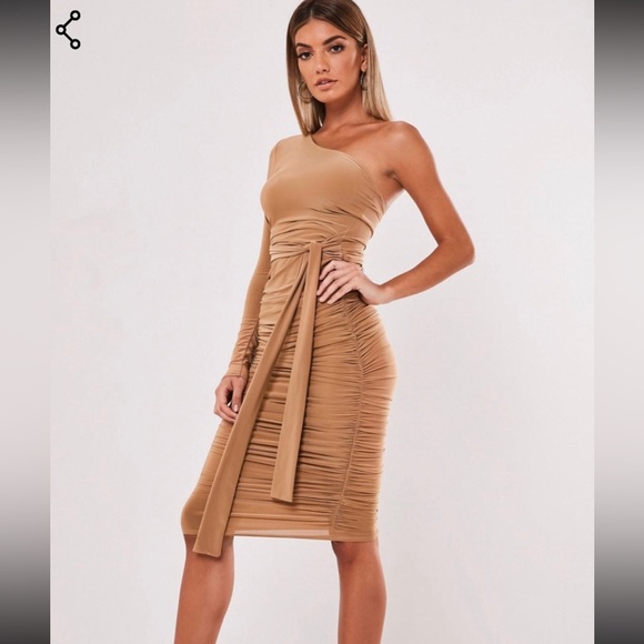 Missguided Camel One Shoulder Slinky Bodycon Ruched Beige | US Size: 14 - Picture 2 of 6